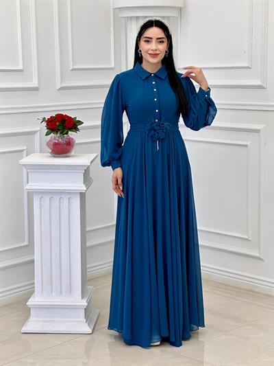 Gül Kemerli Şifon Elbise 1535 t-24 Saks
