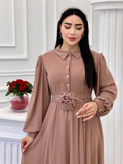 Gül Kemerli Şifon Elbise 1535 t-24 Vizon