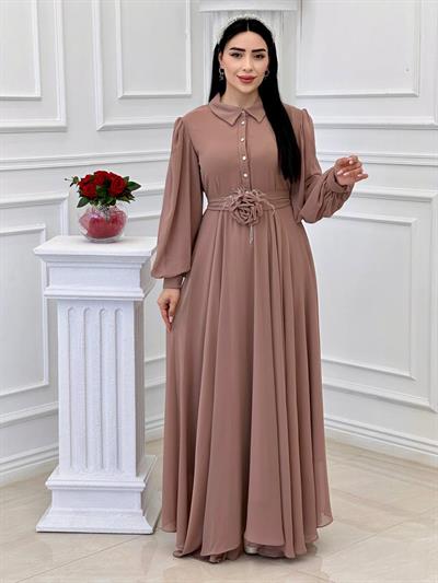 Gül Kemerli Şifon Elbise 1535 t-24 Vizon