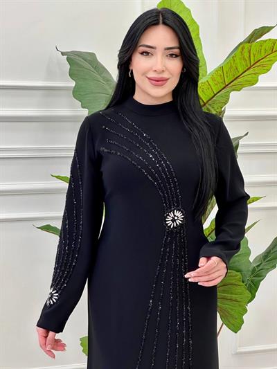 Güneş Taş İşleme Krep Elbise 1000 e-025 Siyah
