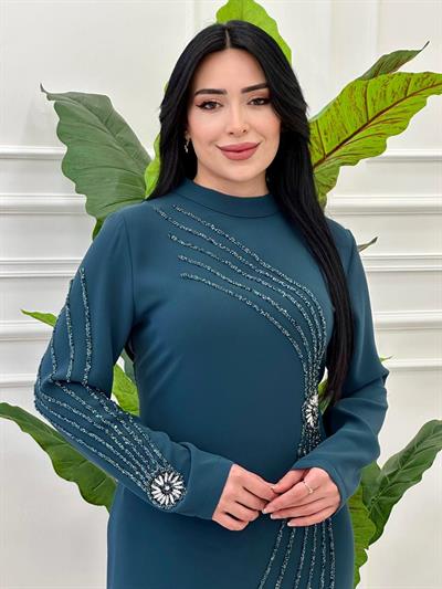 Güneş Taş İşleme Krep Elbise 1000 e-025 Zümrüt Yeşil