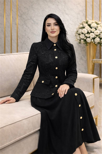 Güpür Ceket Üçlü Etekli Takım 5026 T-26 Siyah