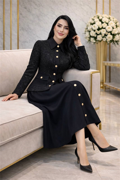 Güpür Ceket Üçlü Etekli Takım 5026 T-26 Siyah