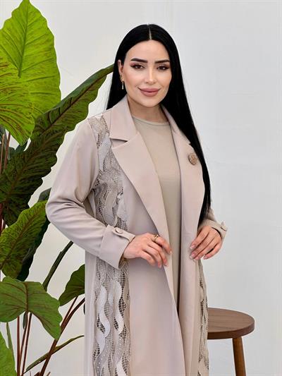 Güpür Detay Abaya Elbise 2120 Bej