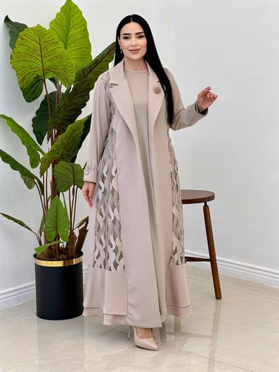 Güpür Detay Abaya Elbise 2120 Bej