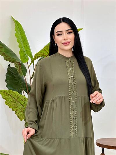 Güpür Detay Düğmeli Elbise 4423 T-25 Haki