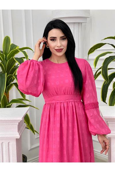 Halka Desen Balon Kol Elbise 1265 pembe