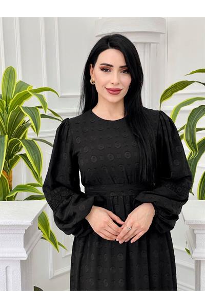 Halka Desen Balon Kol Elbise 1265 Siyah
