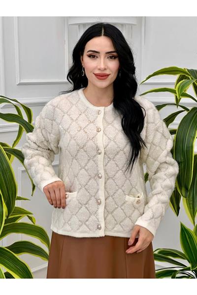 Havlu Desen Çepli Hırka 7464 Beyaz