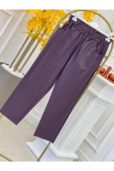 Havuç Kesim Deri Pantolon 18135 Mor