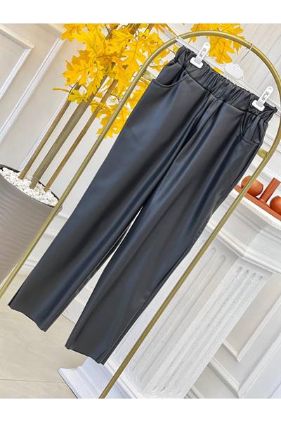 Havuç Kesim Deri Pantolon 18135 Siyah