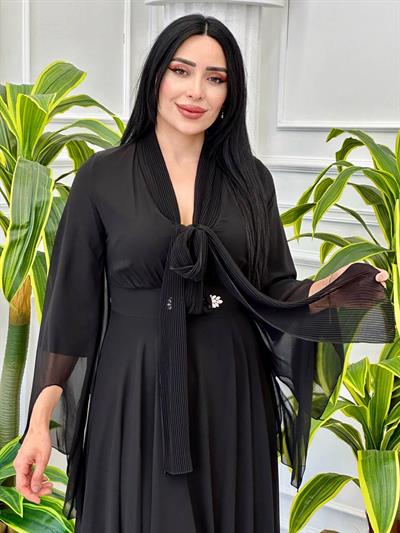 Hürrem Kol Florlı Şifon Elbise 0385 t-024 Siyah