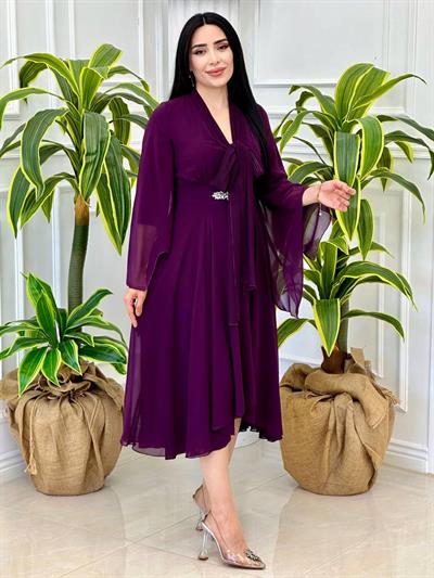 Hürrem Kol Florlı Şifon Elbise 0385 t-024 Mor