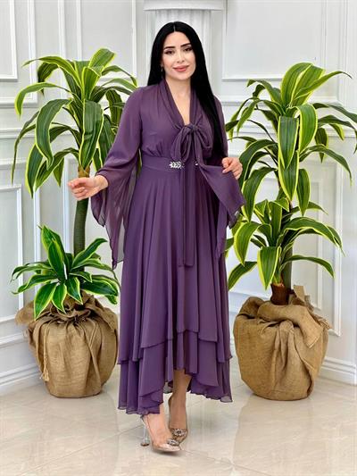 Hürrem Kol Florlı Şifon Elbise 0385 t-024 Leylak