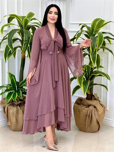 Hürrem Kol Florlı Şifon Elbise 0385 t-024 Rose