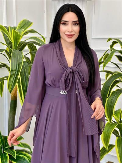 Hürrem Kol Florlı Şifon Elbise 0385 t-024 Leylak