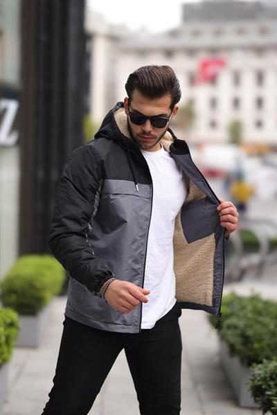 İçi Kürklü Yağmurluk Mont 1310 T-24 Siyah Antrasit