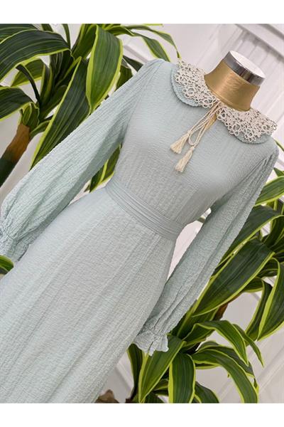 İki Kat Bebe Yaka Keten Elbise 1357 Mint yeşili