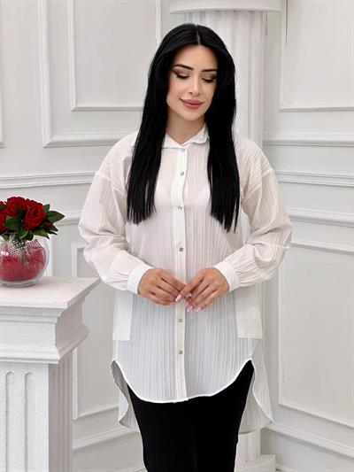 İki Yan Cep Çizgili Gömlek 8499 T-24 Beyaz