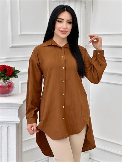 İki Yan Cep Çizgili Gömlek 8499 T-24 Kahverengi