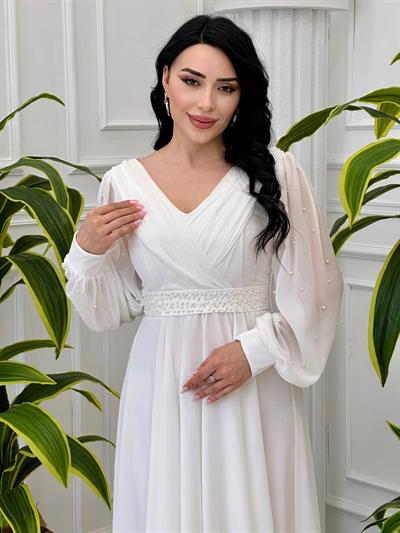İnce İşleme şifon Elbise 1512 T-24 Beyaz