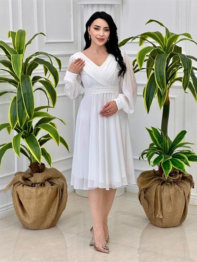 İnce İşleme şifon Elbise 1512 T-24 Beyaz