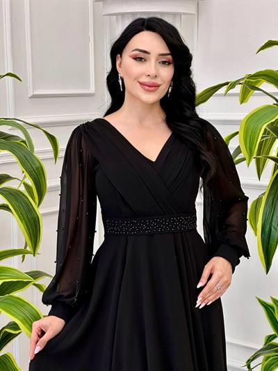 İnce İşleme şifon Elbise 1512 T-24 Siyah