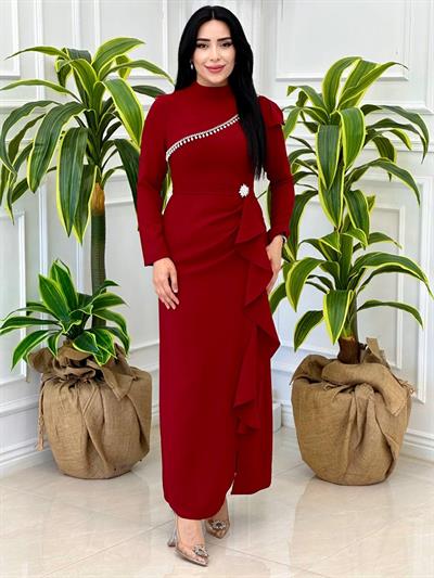 İnci Detay Eteği Volanlı Krep Elbise 0657 t-24 Bordo