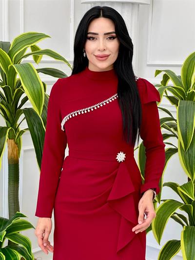 İnci Detay Eteği Volanlı Krep Elbise 0657 t-24 Bordo