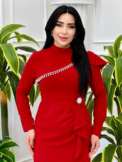 İnci Detay Eteği Volanlı Krep Elbise 0657 t-24 Kırmızı