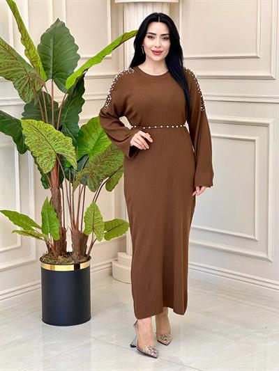 İnci Detay Triko Elbise 40898 t-24 Kahverengi