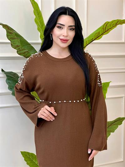 İnci Detay Triko Elbise 40898 t-24 Kahverengi