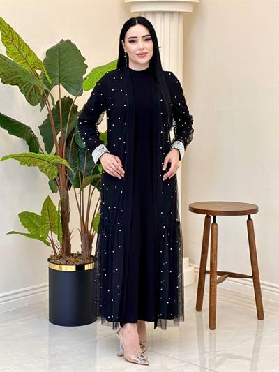 İnci İşleme Abaya Elbise 788 T-25 Siyah