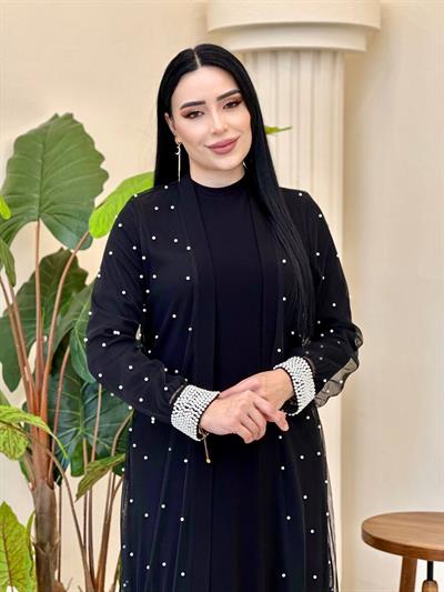 İnci İşleme Abaya Elbise 788 T-25 Siyah