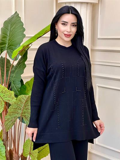 İnci İşleme İkili Triko Takım 24232 t-24 Siyah