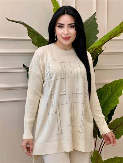 İnci İşleme İkili Triko Takım 24232 t-24 Ekru