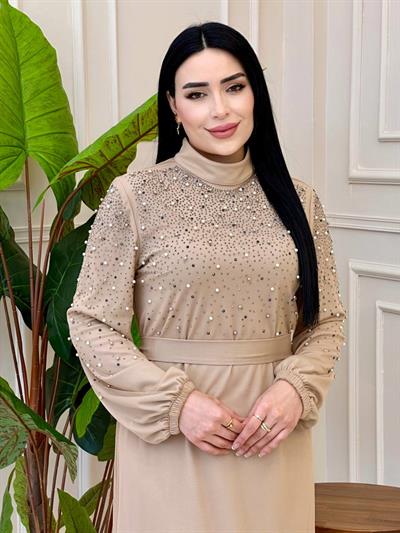 İnci İşleme Kat Kat Tül Elbise 3009 T-25 Bej