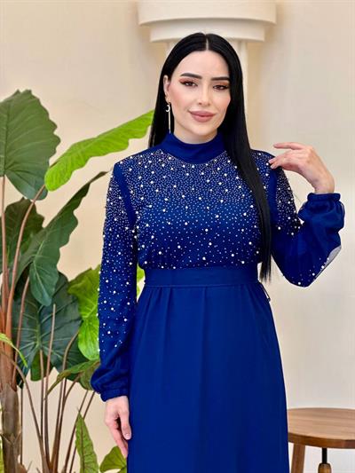 İnci İşleme Kat Kat Tül Elbise 3009 T-25 Saks