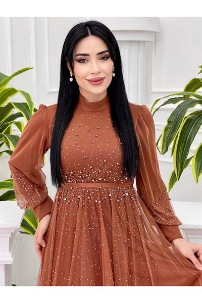 İnci Taş İşleme Tül Elbise 4151 Taba