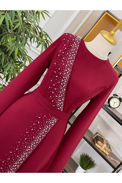 İncili Kapak Elbise 3215 Bordo