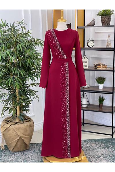 İncili Kapak Elbise 3215 Bordo