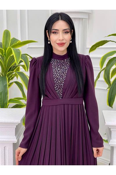 İri Boncuk Pilise Elbise 3792 Mor