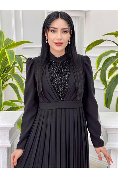 İri Boncuk Pilise Elbise 3792 Siyah