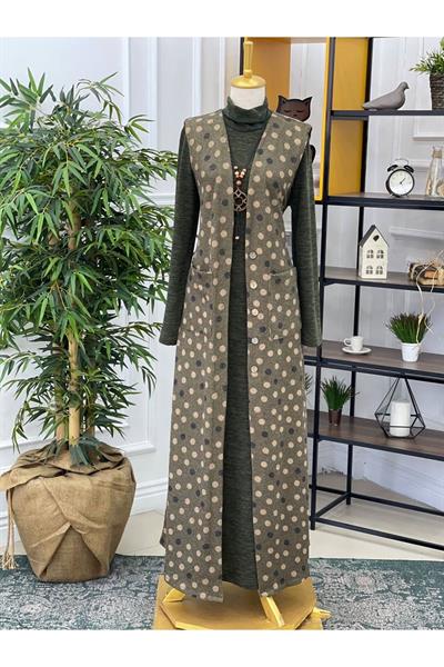 İri Puantiye Yelekli Anne Elbise 3820 Haki