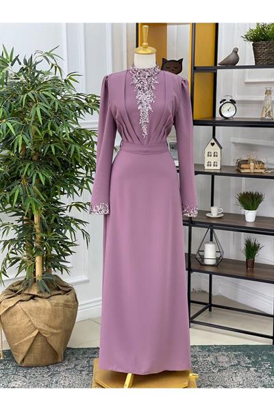İşleme Gögüs Pileli Elbise 22el19-Leylak