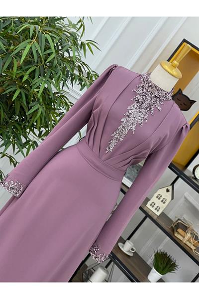 İşleme Gögüs Pileli Elbise 22el19-Leylak