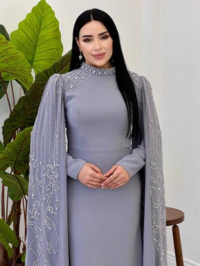 İşleme Pelerin Abiye 5260 Gri