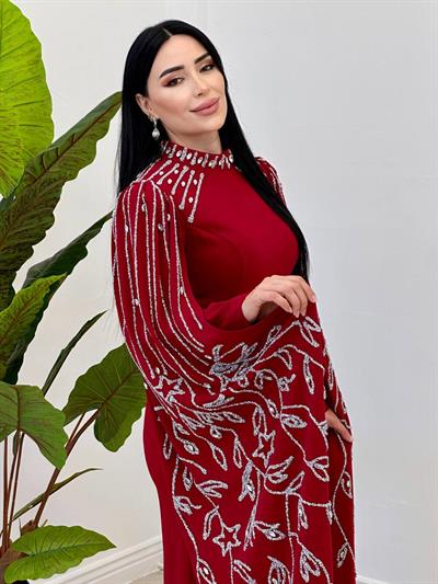 İşleme Pelerin Abiye 5260 Kırmızı