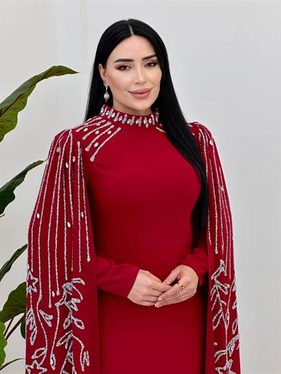 İşleme Pelerin Abiye 5260 Kırmızı