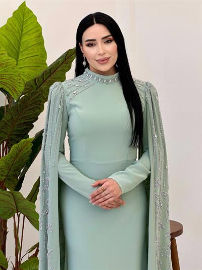 İşleme Pelerin Abiye 5260 Mint yeşili